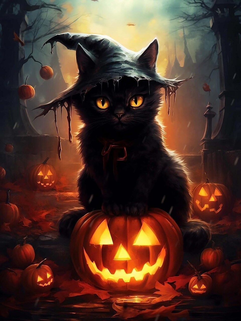 5D Diamond Art Kits for Adults – Halloween Cat, Full Round Drill, DIY Crystal Diamond Painting 16x20 Inch (40x50 cm) – Wall & Office Decor